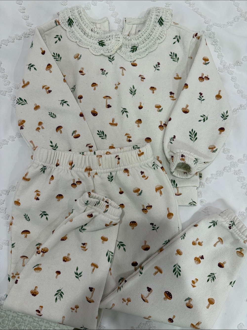 BearPaw Cream Mushroom-Print Pajama Set with Green Accents